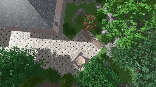 Memleketin peyzaj tasarımının 3 boyutlu görüntüsü. Bölgenin peyzajı. Birleşik peyzaj ve peyzaj çözümlerinin bilgisayar görselleştirmesi.