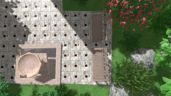 Memleketin peyzaj tasarımının 3 boyutlu görüntüsü. Bölgenin peyzajı. Birleşik peyzaj ve peyzaj çözümlerinin bilgisayar görselleştirmesi.