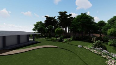 Memleketin peyzaj tasarımının 3 boyutlu görüntüsü. Bölgenin peyzajı. Birleşik peyzaj ve peyzaj çözümlerinin bilgisayar görselleştirmesi.