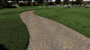 Memleketin peyzaj tasarımının 3 boyutlu görüntüsü. Bölgenin peyzajı. Birleşik peyzaj ve peyzaj çözümlerinin bilgisayar görselleştirmesi.