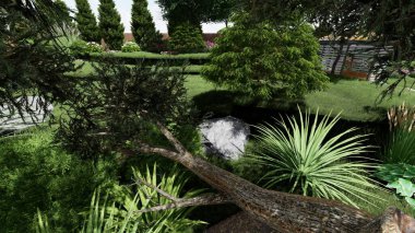 Memleketin peyzaj tasarımının 3 boyutlu görüntüsü. Bölgenin peyzajı. Birleşik peyzaj ve peyzaj çözümlerinin bilgisayar görselleştirmesi.