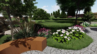 Memleketin peyzaj tasarımının 3 boyutlu görüntüsü. Bölgenin peyzajı. Birleşik peyzaj ve peyzaj çözümlerinin bilgisayar görselleştirmesi.