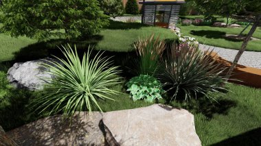 Memleketin peyzaj tasarımının 3 boyutlu görüntüsü. Bölgenin peyzajı. Birleşik peyzaj ve peyzaj çözümlerinin bilgisayar görselleştirmesi.