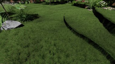 Memleketin peyzaj tasarımının 3 boyutlu görüntüsü. Bölgenin peyzajı. Birleşik peyzaj ve peyzaj çözümlerinin bilgisayar görselleştirmesi.