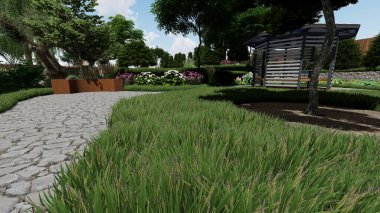 Memleketin peyzaj tasarımının 3 boyutlu görüntüsü. Bölgenin peyzajı. Birleşik peyzaj ve peyzaj çözümlerinin bilgisayar görselleştirmesi.