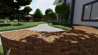 Memleketin peyzaj tasarımının 3 boyutlu görüntüsü. Bölgenin peyzajı. Birleşik peyzaj ve peyzaj çözümlerinin bilgisayar görselleştirmesi.