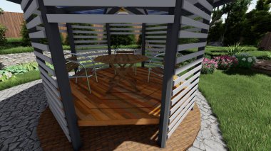 Memleketin peyzaj tasarımının 3 boyutlu görüntüsü. Bölgenin peyzajı. Birleşik peyzaj ve peyzaj çözümlerinin bilgisayar görselleştirmesi.