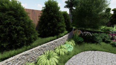 Memleketin peyzaj tasarımının 3 boyutlu görüntüsü. Bölgenin peyzajı. Birleşik peyzaj ve peyzaj çözümlerinin bilgisayar görselleştirmesi.