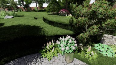 Memleketin peyzaj tasarımının 3 boyutlu görüntüsü. Bölgenin peyzajı. Birleşik peyzaj ve peyzaj çözümlerinin bilgisayar görselleştirmesi.