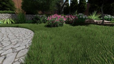 Memleketin peyzaj tasarımının 3 boyutlu görüntüsü. Bölgenin peyzajı. Birleşik peyzaj ve peyzaj çözümlerinin bilgisayar görselleştirmesi.