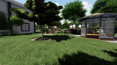 Memleketin peyzaj tasarımının 3 boyutlu görüntüsü. Bölgenin peyzajı. Birleşik peyzaj ve peyzaj çözümlerinin bilgisayar görselleştirmesi.