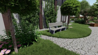 Memleketin peyzaj tasarımının 3 boyutlu görüntüsü. Bölgenin peyzajı. Birleşik peyzaj ve peyzaj çözümlerinin bilgisayar görselleştirmesi.