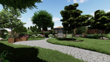 Memleketin peyzaj tasarımının 3 boyutlu görüntüsü. Bölgenin peyzajı. Birleşik peyzaj ve peyzaj çözümlerinin bilgisayar görselleştirmesi.