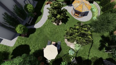 Memleketin peyzaj tasarımının 3 boyutlu görüntüsü. Bölgenin peyzajı. Birleşik peyzaj ve peyzaj çözümlerinin bilgisayar görselleştirmesi.