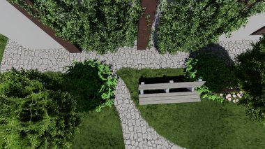 Memleketin peyzaj tasarımının 3 boyutlu görüntüsü. Bölgenin peyzajı. Birleşik peyzaj ve peyzaj çözümlerinin bilgisayar görselleştirmesi.