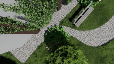 Memleketin peyzaj tasarımının 3 boyutlu görüntüsü. Bölgenin peyzajı. Birleşik peyzaj ve peyzaj çözümlerinin bilgisayar görselleştirmesi.