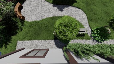 Memleketin peyzaj tasarımının 3 boyutlu görüntüsü. Bölgenin peyzajı. Birleşik peyzaj ve peyzaj çözümlerinin bilgisayar görselleştirmesi.