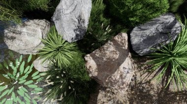 Memleketin peyzaj tasarımının 3 boyutlu görüntüsü. Bölgenin peyzajı. Birleşik peyzaj ve peyzaj çözümlerinin bilgisayar görselleştirmesi.