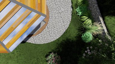 Memleketin peyzaj tasarımının 3 boyutlu görüntüsü. Bölgenin peyzajı. Birleşik peyzaj ve peyzaj çözümlerinin bilgisayar görselleştirmesi.