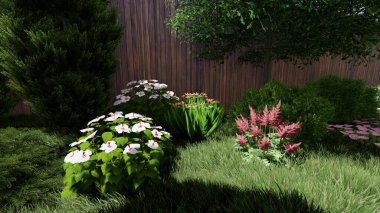 Memleketin peyzaj tasarımının 3 boyutlu görüntüsü. Bölgenin peyzajı. Birleşik peyzaj ve peyzaj çözümlerinin bilgisayar görselleştirmesi.