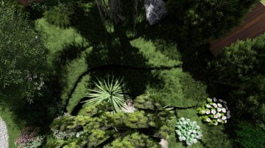 Memleketin peyzaj tasarımının 3 boyutlu görüntüsü. Bölgenin peyzajı. Birleşik peyzaj ve peyzaj çözümlerinin bilgisayar görselleştirmesi.