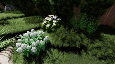 Memleketin peyzaj tasarımının 3 boyutlu görüntüsü. Bölgenin peyzajı. Birleşik peyzaj ve peyzaj çözümlerinin bilgisayar görselleştirmesi.