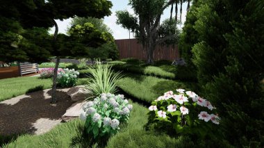 Memleketin peyzaj tasarımının 3 boyutlu görüntüsü. Bölgenin peyzajı. Birleşik peyzaj ve peyzaj çözümlerinin bilgisayar görselleştirmesi.