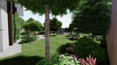 Memleketin peyzaj tasarımının 3 boyutlu görüntüsü. Bölgenin peyzajı. Birleşik peyzaj ve peyzaj çözümlerinin bilgisayar görselleştirmesi.