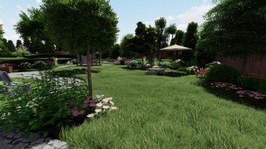 Memleketin peyzaj tasarımının 3 boyutlu görüntüsü. Bölgenin peyzajı. Birleşik peyzaj ve peyzaj çözümlerinin bilgisayar görselleştirmesi.