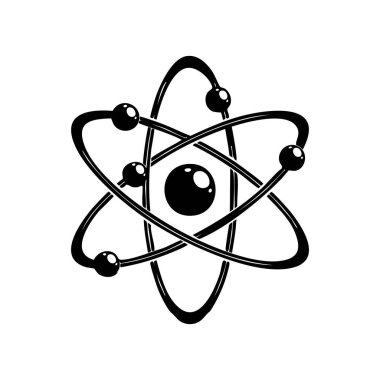 Kalın siyah beyaz atom simgesi, eğitim içeriği, bilim bilgi grafikleri veya gelecekteki teknoloji tasarımları için idealdir..