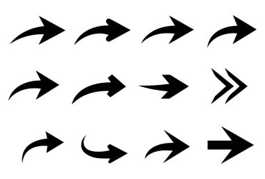 Çeşitli yönlerde siyah eğimli ok simgeleri kümesi, beyaz zemin üzerinde minimalist düz tasarım
