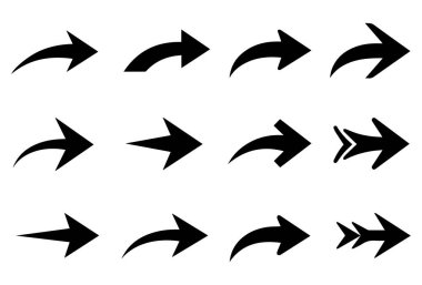 Çeşitli yönlerde siyah eğimli ok simgeleri kümesi, beyaz zemin üzerinde minimalist düz tasarım