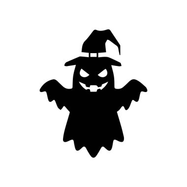 Cadılar Bayramı hayalet silueti korkunç yüzlü, sivri dişli, yarasa kanatlı ve cadı şapkalı. Korku süslemeleri, ikonlar ya da ürkütücü Cadılar Bayramı tasarımları için mükemmel.