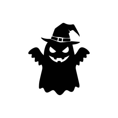 Cadılar Bayramı hayalet silueti korkunç yüzlü, sivri dişli, yarasa kanatlı ve cadı şapkalı. Korku süslemeleri, ikonlar ya da ürkütücü Cadılar Bayramı tasarımları için mükemmel.