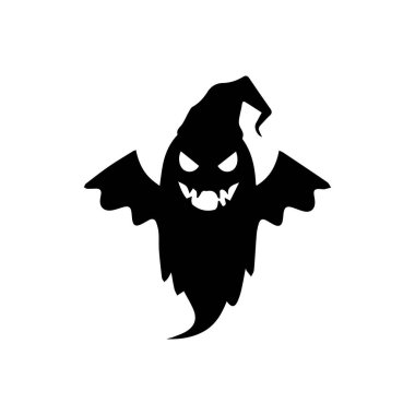 Cadılar Bayramı hayalet silueti korkunç yüzlü, sivri dişli, yarasa kanatlı ve cadı şapkalı. Korku süslemeleri, ikonlar ya da ürkütücü Cadılar Bayramı tasarımları için mükemmel.