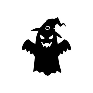 Cadılar Bayramı hayalet silueti korkunç yüzlü, sivri dişli, yarasa kanatlı ve cadı şapkalı. Korku süslemeleri, ikonlar ya da ürkütücü Cadılar Bayramı tasarımları için mükemmel.