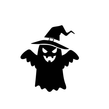 Cadılar Bayramı hayalet silueti korkunç yüzlü, sivri dişli, yarasa kanatlı ve cadı şapkalı. Korku süslemeleri, ikonlar ya da ürkütücü Cadılar Bayramı tasarımları için mükemmel.