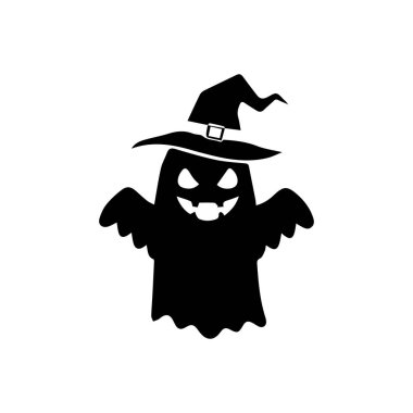 Cadılar Bayramı hayalet silueti korkunç yüzlü, sivri dişli, yarasa kanatlı ve cadı şapkalı. Korku süslemeleri, ikonlar ya da ürkütücü Cadılar Bayramı tasarımları için mükemmel.