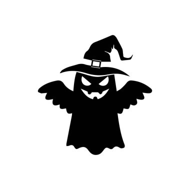 Cadılar Bayramı hayalet silueti korkunç yüzlü, sivri dişli, yarasa kanatlı ve cadı şapkalı. Korku süslemeleri, ikonlar ya da ürkütücü Cadılar Bayramı tasarımları için mükemmel.