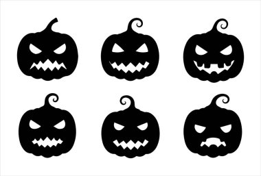 Altı farklı ürkütücü ifadenin yer aldığı koyu siyah siluet şeklinde hazırlanmış bir Cadılar Bayramı balkabağı ikonu. Her balkabağı, keskin gözler, zikzak dişler, sivri dişler, şeytani sırıtışlar ve hatta hüzünlü bir bakış gibi eşsiz oyulmuş yüzler sergiliyor. Cadılar Bayramı için mükemmel 