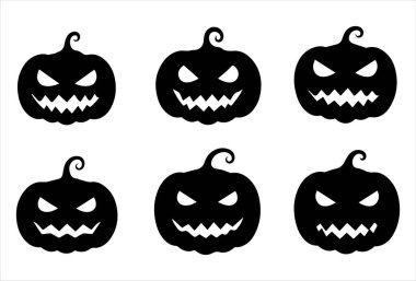 Altı farklı ürkütücü ifadenin yer aldığı koyu siyah siluet şeklinde hazırlanmış bir Cadılar Bayramı balkabağı ikonu. Her balkabağı, keskin gözler, zikzak dişler, sivri dişler, şeytani sırıtışlar ve hatta hüzünlü bir bakış gibi eşsiz oyulmuş yüzler sergiliyor. Cadılar Bayramı için mükemmel 