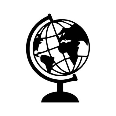 Kıtaları siluette gösteren basit bir siyah küre ikonu. Tasarım, beyaz bir geçmişe sahip, eğitim, seyahat veya küresel iş temaları için uygun minimalistiktir..