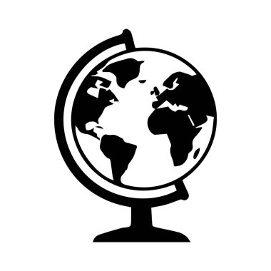 Kıtaları siluette gösteren basit bir siyah küre ikonu. Tasarım, beyaz bir geçmişe sahip, eğitim, seyahat veya küresel iş temaları için uygun minimalistiktir..