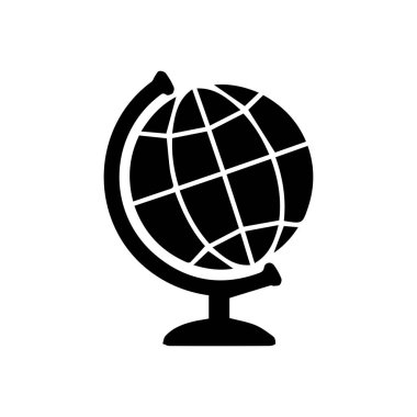 Kıtaları siluette gösteren basit bir siyah küre ikonu. Tasarım, beyaz bir geçmişe sahip, eğitim, seyahat veya küresel iş temaları için uygun minimalistiktir..