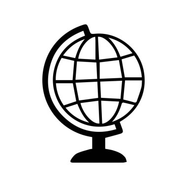 Kıtaları siluette gösteren basit bir siyah küre ikonu. Tasarım, beyaz bir geçmişe sahip, eğitim, seyahat veya küresel iş temaları için uygun minimalistiktir..