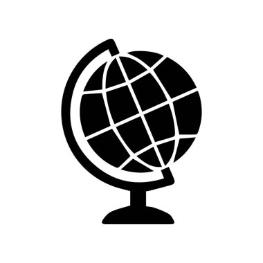 Kıtaları siluette gösteren basit bir siyah küre ikonu. Tasarım, beyaz bir geçmişe sahip, eğitim, seyahat veya küresel iş temaları için uygun minimalistiktir..