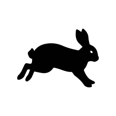 Beyaz arkaplanda izole edilmiş poz vermiş bir tavşanın siluet simgesini yazdırın. Minimalist siyah vektör tasarımı, logolar, semboller, clipart ve hayvan çizimleri için mükemmel.
