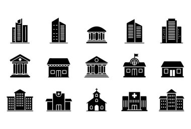 Beyaz arka planda, gökdelenler, evler, ofisler, okullar, hastaneler ve dini yapılar da dahil olmak üzere siyah binalardan oluşan düz bir ikon seti. Minimalist bir tarzda tasarlandı.