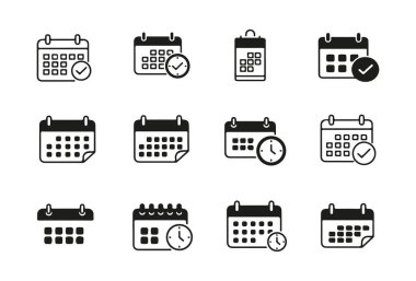 Takvim simgesi siyah beyaz minimalist tarzda ayarlandı. Tarihli, saatli ve işaretli çeşitli takvim sembolleri içerir. Uygulamalar, web siteleri, iş sunumları, programlama, planlama ve hatırlatıcılar için mükemmel