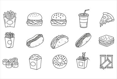 Modern bir fast food ikonu seti. Popüler abur cubur ve yemeklerden oluşan siyah siluetler var. Hamburger, pizza, sosisli sandviç, taco, soda, patates kızartması, patlamış mısır, erişte, suşi ve sos paketleri. Menü tasarımı için mükemmel, uygulama UI